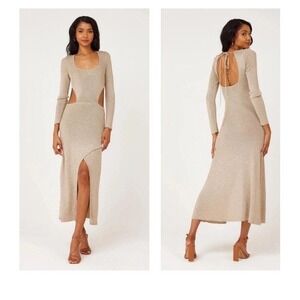 MISA Los Angeles Minka Gold Lurex Dress Sz L Cutout Back Slit Metallic K31